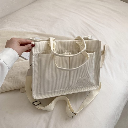 Multi Pocket Tote Bag Casual Handbag Simple Women Top Handle Work Bag with Adjustable Strap Corduroy Fashion Solid Color Handbag