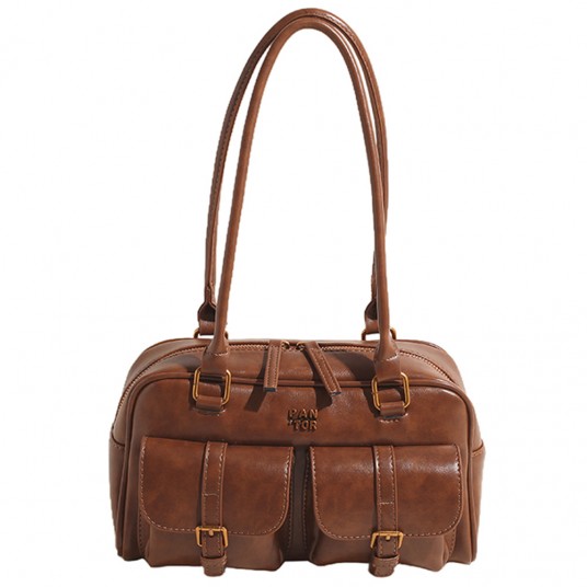 Boston Tote Bag for Women with Multi-Pockets Shoulder Bag PU Leather Vintage Solid Clutch Purse for Travel Work