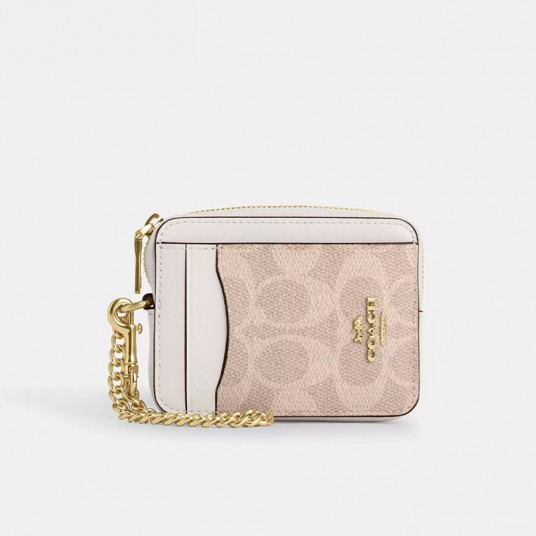 Women's Coin Case Zip Card Case With Chain Wrist Strap Short Card Holder Mini Wallet In Signature Canvas,CW883