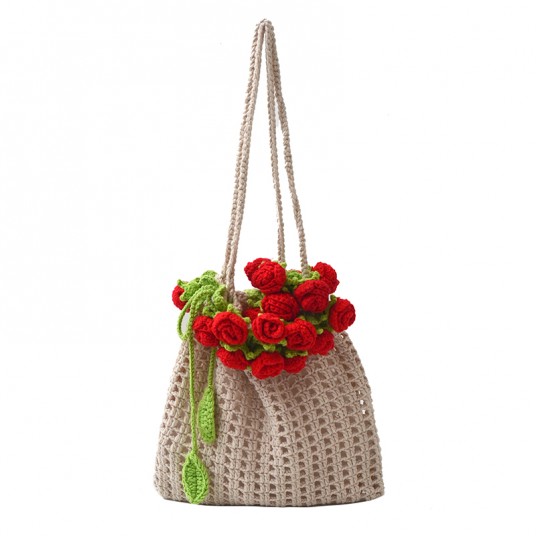 Women Elegant Knitting Handbag Large Capacity Flower Crochet Shoulder Bag Trendy Hollow Tote Bag Shopping Dating Handbag