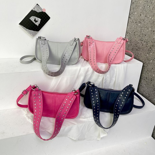 Women Underarm Satchel Bag Studded Decor Vintage Armpit Bag Adjustable Strap Leather Tote Bag PU Tote Handbag Daily Dating Purse