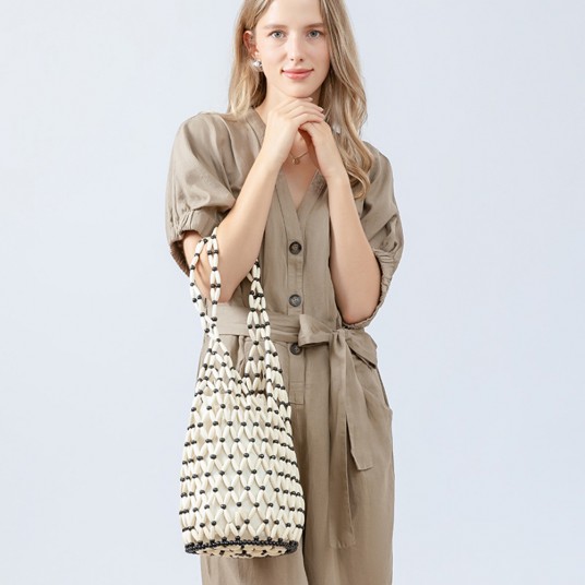 Wooden Beading Hollow-out Tote Bag for Holiday Travels Date Bucket Shoulder Bag Casual Beach Handbag for Women