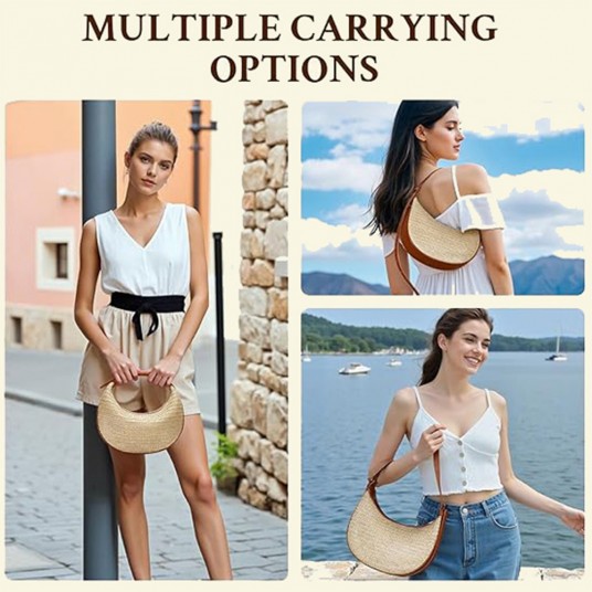 Women Hand Woven Shoulder Bag Large Capacity Straw Knitting Crescent Bag Wear Resist Straw Travel Handbag Seaside Trip Handbag