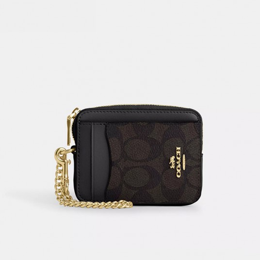 Women's Coin Case Zip Card Case With Chain Wrist Strap Short Card Holder Mini Wallet In Signature Canvas,CW883