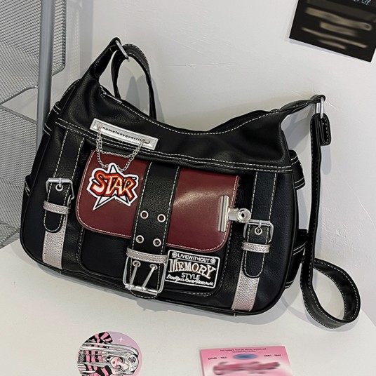 Women PU Leather Punk Shoulder Bag Y2K Crossbody Bag Zipped Handbag Strap Adjustable Hobo Bag for Vacation Travel Commuting