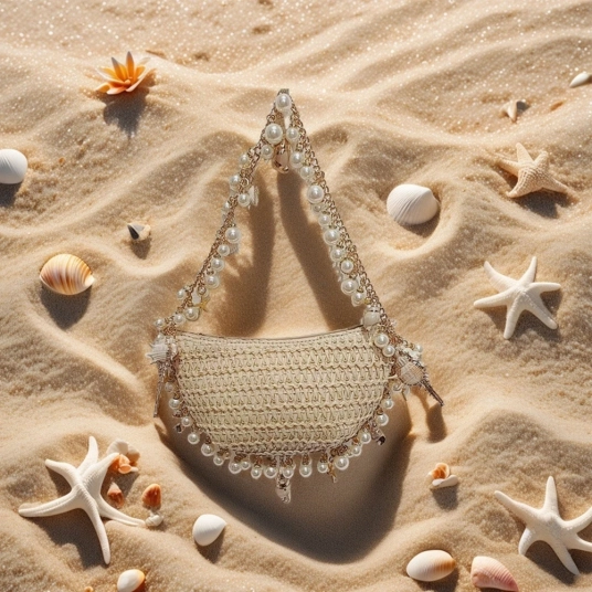 Women Pearl Conch Handbag with Pearl Chain Elegant Handwoven Straw Shoulder Bag Breathable Holiday Beach Bag Seaside Soft Pouch