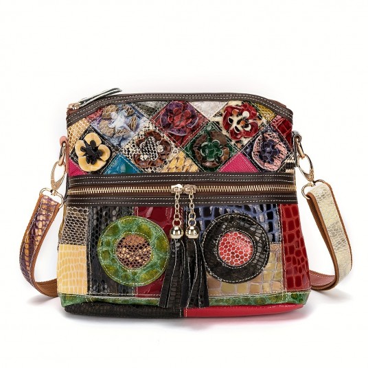 Casual Multi Color Messenger Bag Snake Pattern Women's Colorful Flowers Splicing Tassels Single Shoulder Purse