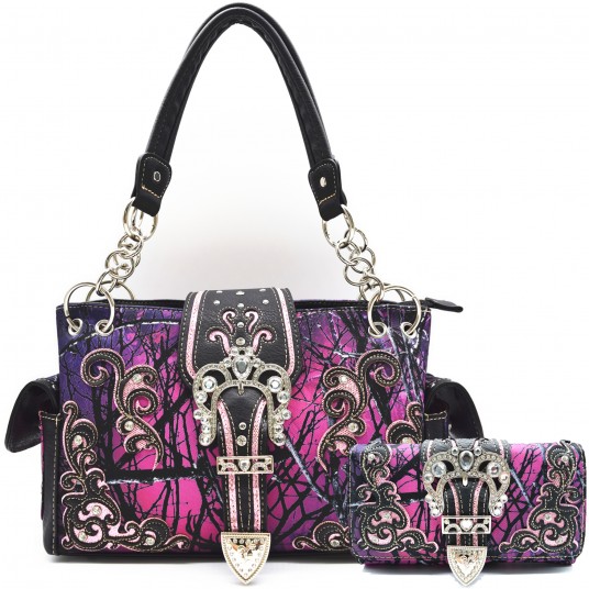 Camouflage Crown Buckle Western Style Purse Floral Shine Glow Country Handbag Women Shoulder Bag Crossbody Wallet Set