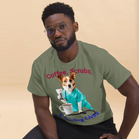 Coffee, scrubs, & saving lives.  Unisex Classic Tee | Gildan 5000