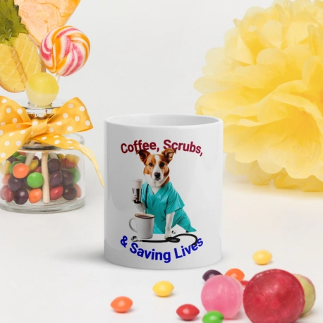 Coffee, scrubs, & saving lives. White Glossy Mug
