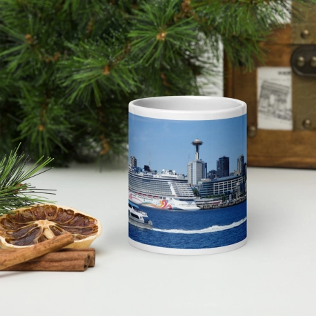 Seattle Skyline Puget Sound and Space Needle. White Glossy Mug