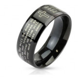 Cross and Lord's Prayer Beveled Edge Band Ring STR0092 Stainless Steel Black IP with Outlined