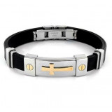 Black Rubber Bracelet With Gold Plated Sideways Cross Men's Stainless Steel