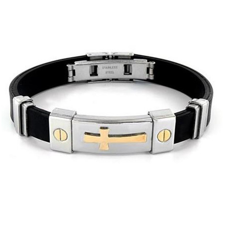 Black Rubber Bracelet With Gold Plated Sideways Cross Men's Stainless Steel
