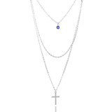 Blue Evil Eye Christian Cross Pendant Strand Chain Necklace Encounter Silver Tone Multilayer Cable Chain