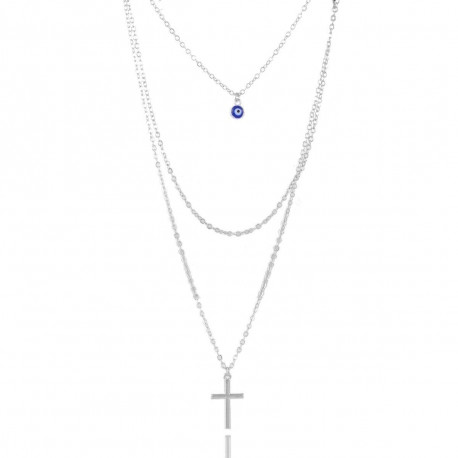 Blue Evil Eye Christian Cross Pendant Strand Chain Necklace Encounter Silver Tone Multilayer Cable Chain