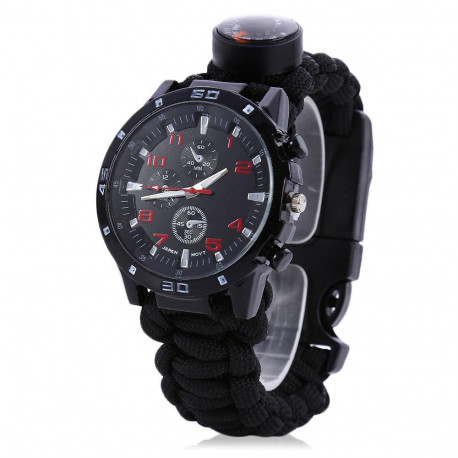 Multifunctional 6 in 1 Outdoor Survival Watch Bracelet with Compass Flint Fire Starter Paracord Thermometer Whistle