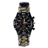 Multifunctional 6 in 1 Outdoor Survival Watch Bracelet with Compass Flint Fire Starter Paracord Thermometer Whistle