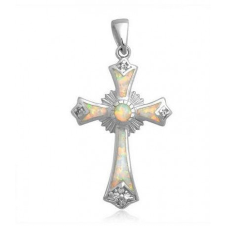 Opal Religious Cross Pendant Bling Jewelry 925 Sterling Silver Synthetic White