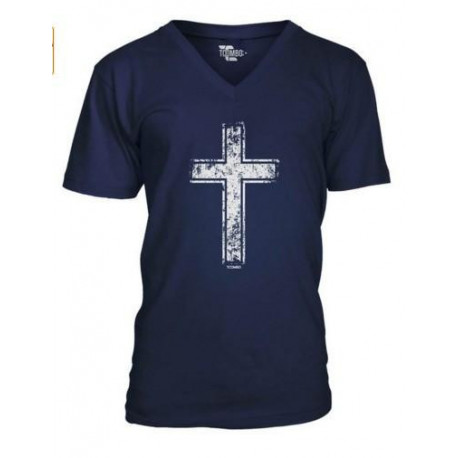 Religious Christian Men's Vneck TShirt Tee  Distressed Cross