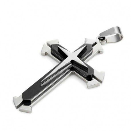 Urban Jewelry Star Cross Necklace Pendant  Black & Silver, 21 Inch Chain  Mens Polished 316L Stainless Steel