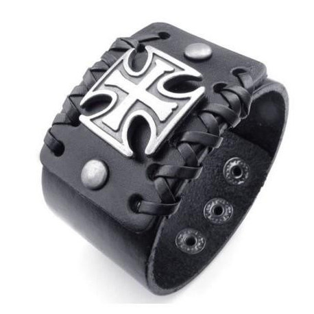 Wide Cross Bangle, 78 inch Adjustable, Black  KONOV Jewelry Mens Leather Bracelet