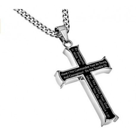 Christian Bible Verse MEN Black Steel Cross Pendant, Christian  Joshua 1:9 Necklace