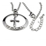 Word Faith Engraved on Silver Circle Necklace Christian Jewelry Cross Pendant