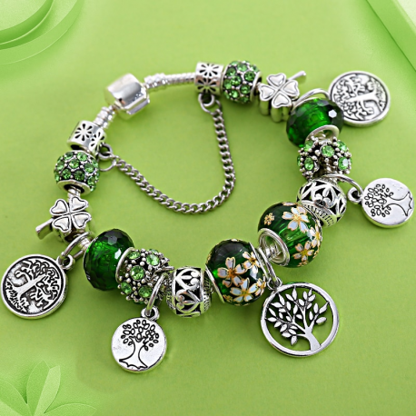 Dropshipping Tibetan Silver Tree of Life Fashion Bead Bracelet Green Leaf Floral Crystal Charm Bracelet & Bangle Pulsera Jewelry