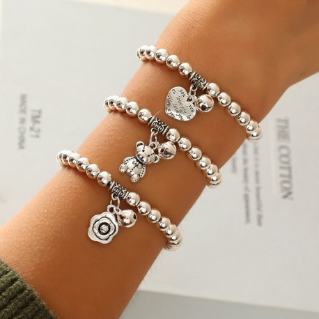 Vintage Tibetan Silver Plated Beads Stacked Bracelet Heart Flower Bear Design Pendant Elastic Rope Bracelet Fashion Jewelry Gift