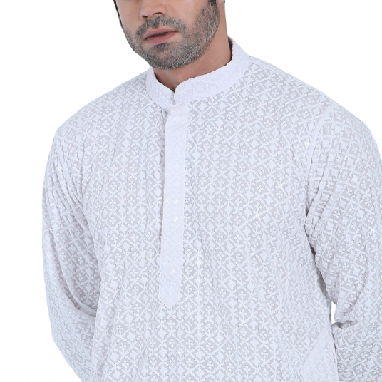 White Color Cotton Sequence Slim Fit Panjabi