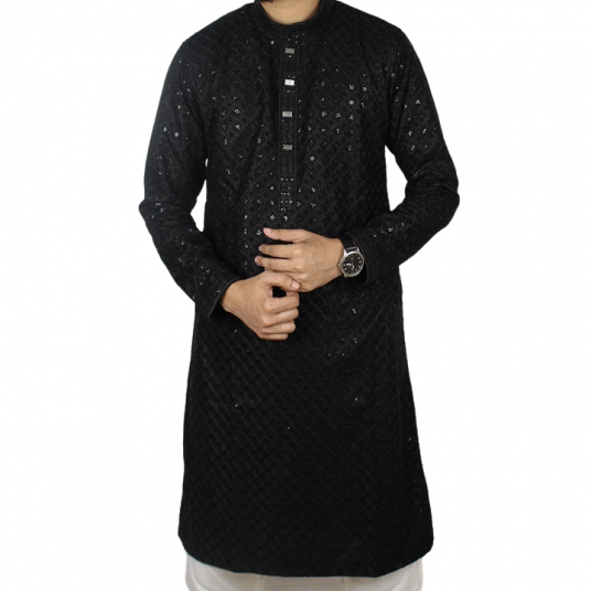 Black Color Cotton Sequence Slim Fit Panjabi