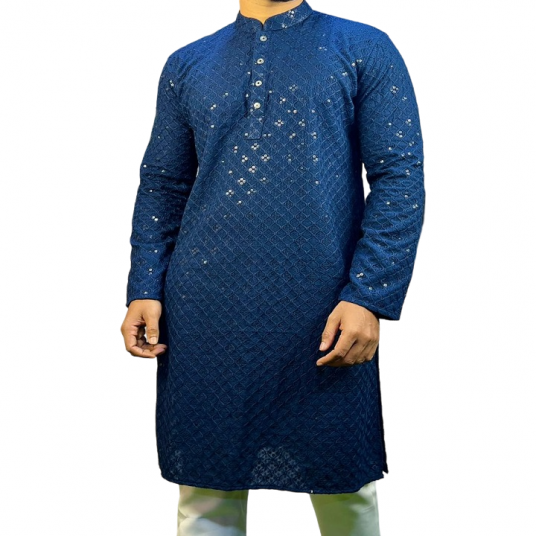 Navy Blue Cotton Sequence Slim Fit Panjabi