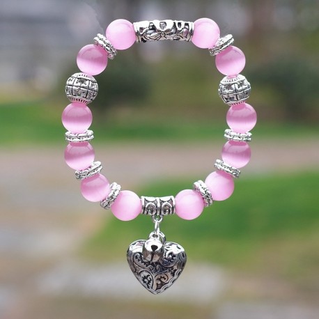 Natural Pink Opal Stone Heart Pendant Bracelet