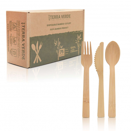 Disposable Bamboo Cutlery not Birchwood l 75 Piece Set of 25 Fork 25 Spoon 25 Knife