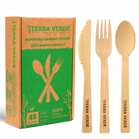 Disposable Cutlery Bamboo not Birchwood l Eco Friendly Biodegradable Compostable l Set of 45 Pcs