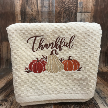 Embroidered Kitchen Towel Thankful Pumpkins and Gourd Embroidered on Kitchen Towel