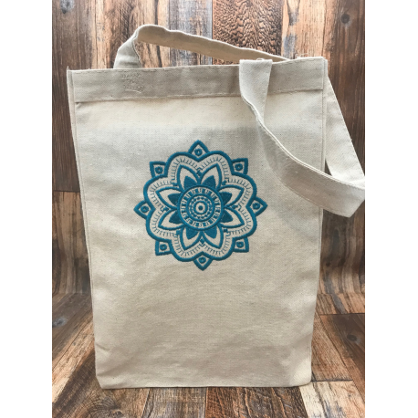 Teal Mandala Embroidered Tote Bag Stylish Mandala Embroidered In Teal On Natural Tote Bag