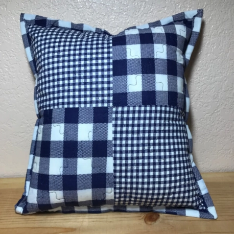 Handmade Blue & White Quilted Gingham Throw Pillow – 12” x 12”, 100% Cotton
