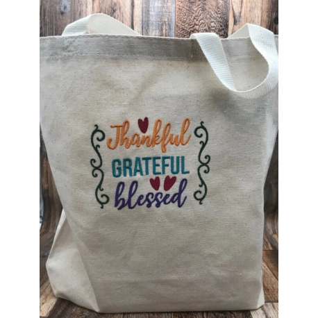 Thankful Grateful Blessed Embroidered Canvas Tote Bag