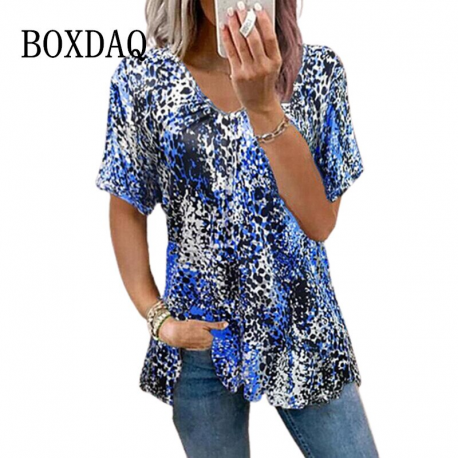 Leopard Print Women T-shirt Summer V-Neck Short Sleeves Loose