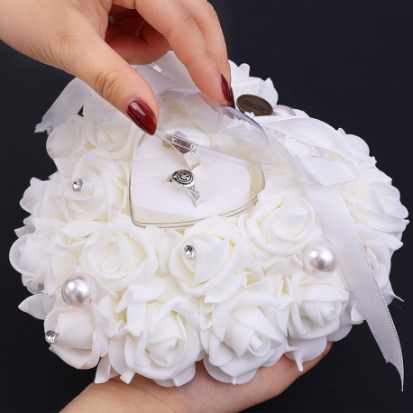 Wedding Ring Bearer Pillow Cushion Romantic Ivory Satin Crystal Ring Pillow Heart Shape for Engagement Propose Marriage Decor