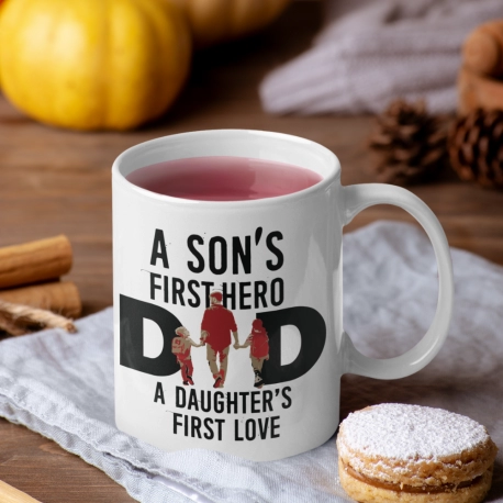 Dad a Son's First Hero a Daughter's First Love, Cute Father White Coffee Mug (11 oz) - Beautiful Premium Quality Gift Idea