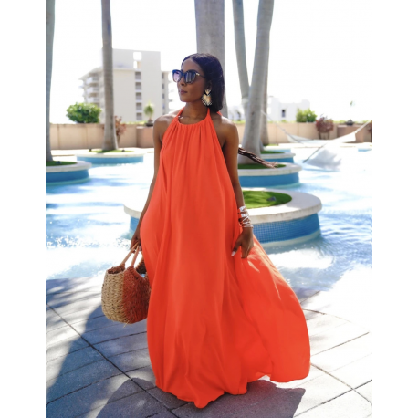 Sleeveless Halter Neck Backless Solid Color Loose Dress