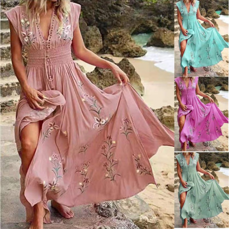 Beach Bohemian V-Neck Defined Waist Floral Maxi Dress