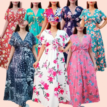 V Cut Sabrina KImono Printed Maxi Dress