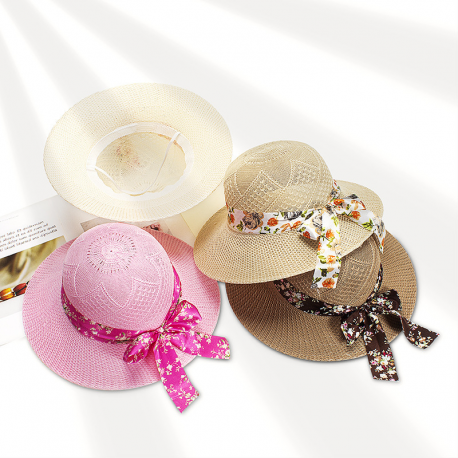 Casual Bow Ribbon Floral Print Sunscreen Sunshade Straw Bucket Hat