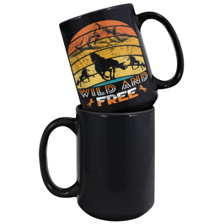 Wild & Free Horses Retro 15oz Black Glossy Mug