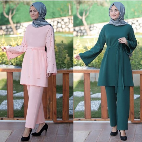 Ensemble de deux pièces pour femmes musulmane,  vêtements à manches longues, pantalon longue
