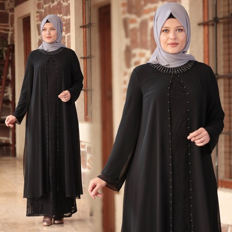 Hijab robe de soirée en dentelle recouvert de mousseline de soie Cape
